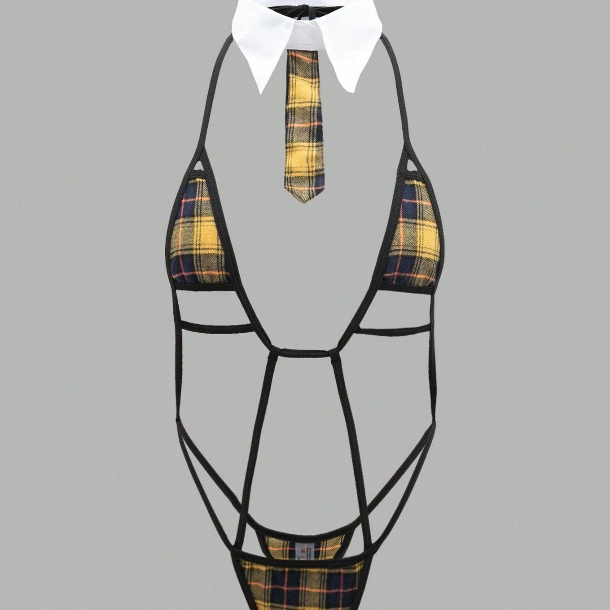 Image of Cross-border foreign trade explosive women's sexy tie strap-on one-piece plaid hollow sex set spot wholesale women
